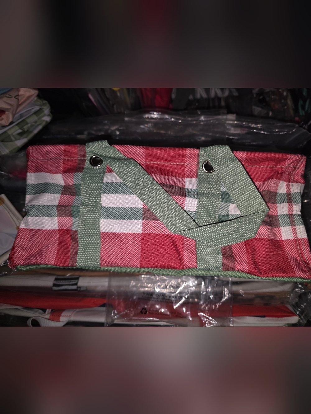thirty-one tiny utility tote in Holiday Plaid